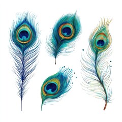 Obraz premium Four detailed peacock feathers in vibrant blues, greens, and golds