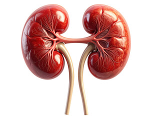 Highly detailed medical illustration of human kidneys showing structure and vessels, isolated on pure white background