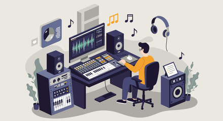 A clean flat design illustration of a music producer creating tracks in a modern studio, representing the creative heart of electronic music often highlighted at Amsterdam Dance Event. 