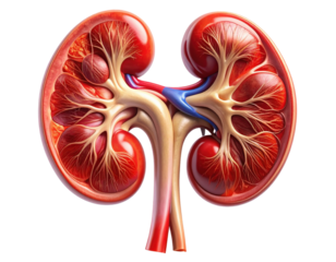 Highly detailed medical illustration of human kidneys showing structure and vessels, isolated on pure white background