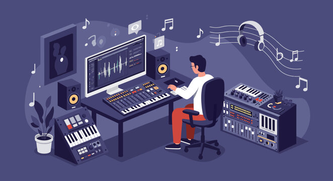 A clean flat design illustration of a music producer creating tracks in a modern studio, representing the creative heart of electronic music often highlighted at Amsterdam Dance Event.  - Powered by Adobe