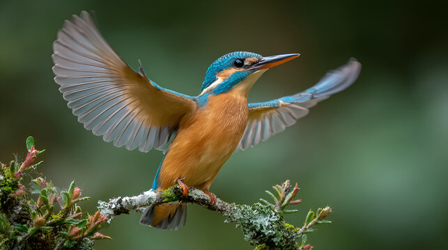 A kingfisher perched on a branch with its wings spread wide against a blurred green background