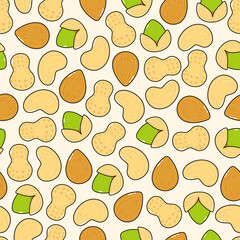 A vibrant, seamless pattern featuring a delightful assortment of nuts, including peanuts, almonds, cashews, and pistachios