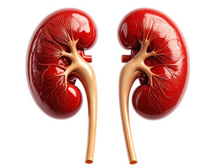 Highly detailed medical illustration of human kidneys showing structure and vessels, isolated on pure white background