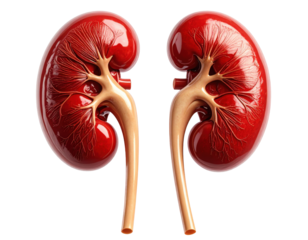 Highly detailed medical illustration of human kidneys showing structure and vessels, isolated on pure white background