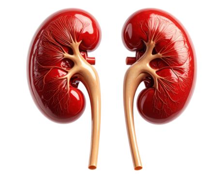 Highly detailed medical illustration of human kidneys showing structure and vessels, isolated on pure white background