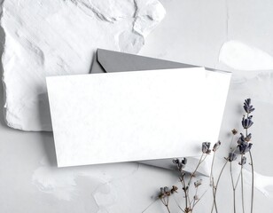 Blank invitation card and envelope on a gray background with dried lavender
