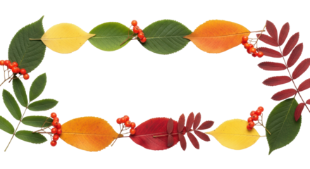 Isolated autumn frame with red rowan berries and fall leaves, natural autumnal design