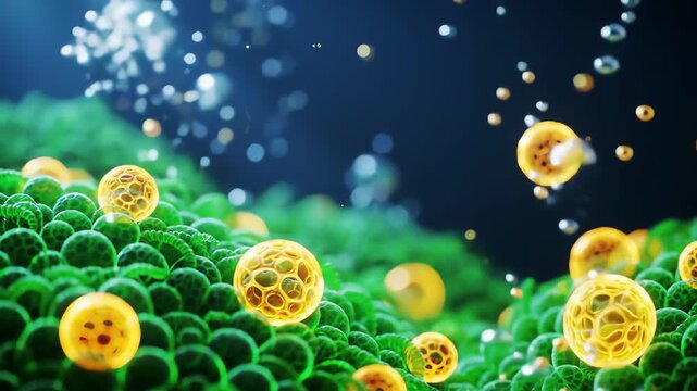 algae shimmering under sunlight, molecular structures inside glowing as lipids transform into golden droplets of biofuel