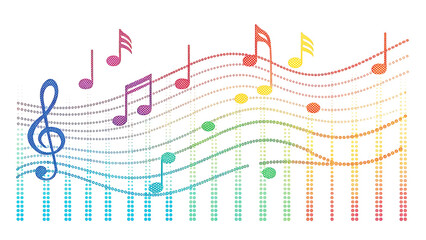 Vibrant rainbow musical staff with treble clef and colorful notes flowing across the page