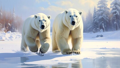 Obraz premium Two majestic polar bears traverse a snowy landscape, their powerful forms highlighted against a serene winter scene.