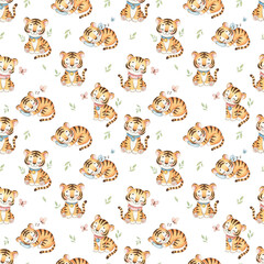seamless pattern with funny tiger transparent background