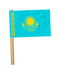 Kazakhstan paper flag with wooden pole realistic 3d illustration. Hand flag of Kazakhstan transparation png