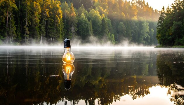 A glowing lightbulb floats on a tranquil lake at sunrise - Powered by Adobe