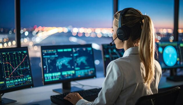 Air traffic controller inside modern glass tower, monitoring multiple radar screens with glowing flight paths. Concept of guiding skies, aviation safety, precision navigation - Powered by Adobe