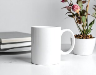 Blank white mug on marble surface with books and flowers