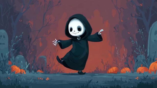 cute dancing grim reaper on halloween eve illustrated animation