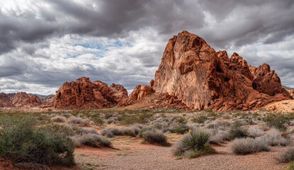 Obraz premium Dramatic red rock formations under a stormy sky. Vast landscape with textured rock formations, a mix of desert vegetation, and a dramatic sky