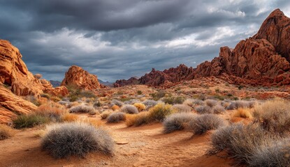 Dramatic desert landscape with sandstone formations under a stormy sky