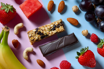 Assorted Colorful Fruits, Nuts, and Health Bars Are Artfully Arranged to Highlight Healthy Eating Choices