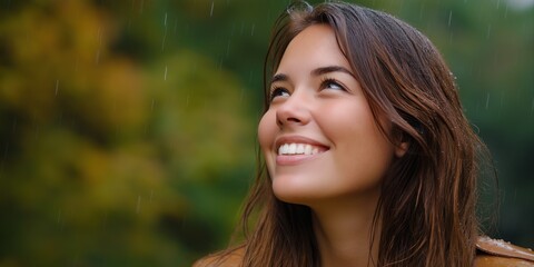 Naklejka premium Young caucasian female enjoying rainfall in nature setting