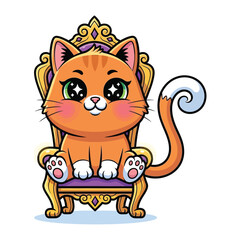 Majestic Cat on Throne: An adorable ginger cat with mesmerizing eyes sits regally upon a decorative, gold-adorned throne, emanating a sense of charm and royalty.