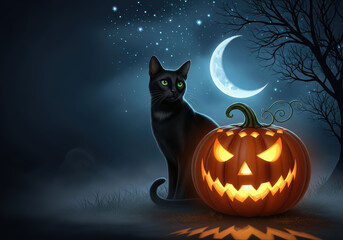 Black cat with green eyes beside glowing jack o lantern under crescent moon and stars