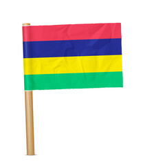 Mauritius paper flag with wooden pole realistic 3d illustration. Hand flag of Mauritius transparation png