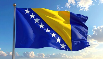 Bosnian flag waves in a blue sky with soft clouds, sunny weather