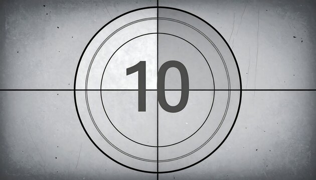A vintage film countdown screen with the number "10" in bold, against a gray background with intersecting lines