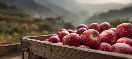 Freshly harvested red apples on rustic wooden cart with blurred farmers working in orchard at sunset, warm light, natural atmosphere, high-detail, realistic rural farm scene