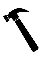Simple, black silhouette of a hammer with a long handle.