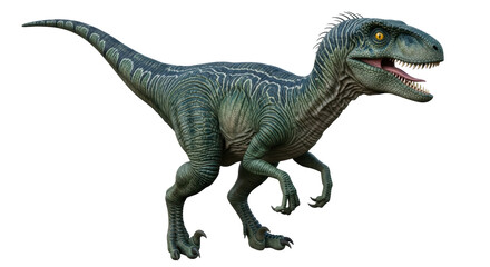 Isolated dinosaur raptor, ancient predator with teeth open, looking towards camera, green skin