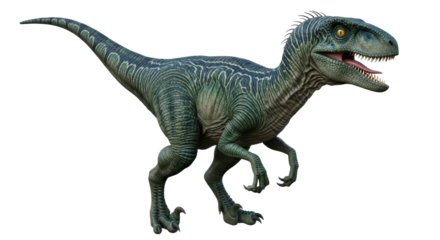Isolated dinosaur raptor, ancient predator with teeth open, looking towards camera, green skin