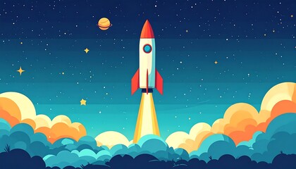 Obraz premium Cartoon Rocket Launching into Space with Vibrant Smoke and Stars.