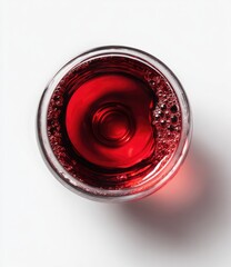 Overhead view of a small glass filled with a deep red liquid