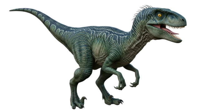Isolated dinosaur raptor, ancient predator with teeth open, looking towards camera, green skin