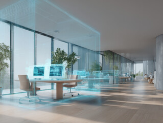 Bureau futuriste vitr&eacute; avec ordinateurs holographiques et int&eacute;gration de nature verte