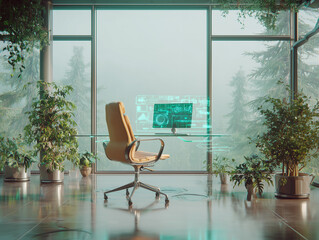 Bureau futuriste vitr&eacute; avec ordinateurs holographiques et int&eacute;gration de nature verte