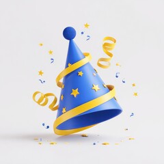 A vibrant blue party hat, adorned with yellow stars and a yellow ribbon, floats amidst celebratory confetti