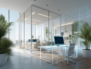 Bureau futuriste vitr&eacute; avec ordinateurs holographiques et int&eacute;gration de nature verte
