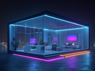 Maison vitr&eacute;e futuriste de nuit avec bureau moderne et chambre int&eacute;gr&eacute;e &eacute;clair&eacute;s par n&eacute;ons bleus et violets