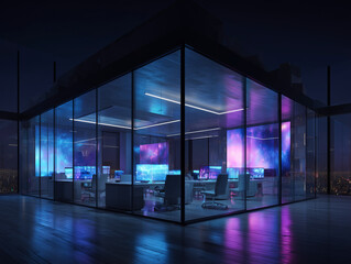 Bureau vitr&eacute; futuriste de nuit avec &eacute;crans g&eacute;ants affichant une galaxie lumineuse