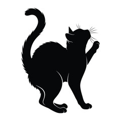 Mysterious Silhouette of a Cat: A sleek black cat, captured in a bold silhouette, gracefully arches its back, with a paw raised in a playful gesture, inviting curiosity. 