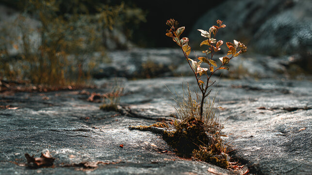 Small tree growing out of a crack in the rock with a blurred background of more rocks and foliage
