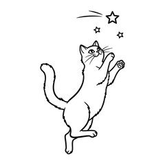 Celestial Paws: A whimsical illustration of a playful cat reaching for stars, capturing the charm of imagination.