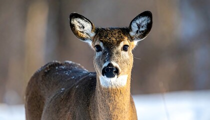 Obraz premium A close-up of a deer in winter. The animal's fur is detailed and its eyes are focused, creating a warm moment. Background with subtle, out-of-focus tones