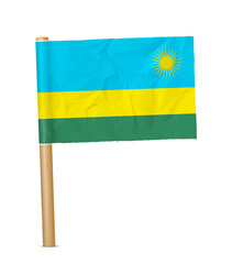 Rwanda paper flag with wooden pole realistic 3d illustration. Hand flag of Rwanda transparation png