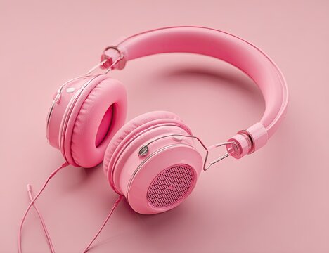 Pink headphones on a pink background. Close-up view of a pair of over-ear headphones with a soft, matte pink finish. - Powered by Adobe