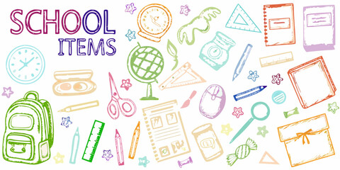 Colorful hand drawn school supplies and stationery items scattered on a white background